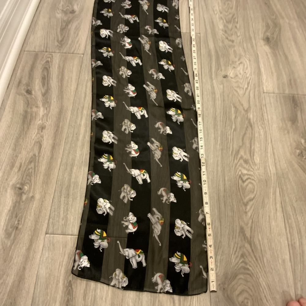 Women Rectangle Scarf Black Satin Polyester Elephant Animal Print 60 x 15 in - Picture 4 of 5